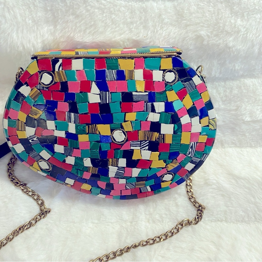 Like New/EUC Lulu Handmade Multicolor Mosaic Stone Metal Clutch/Crossbody Purse - Picture 11 of 11